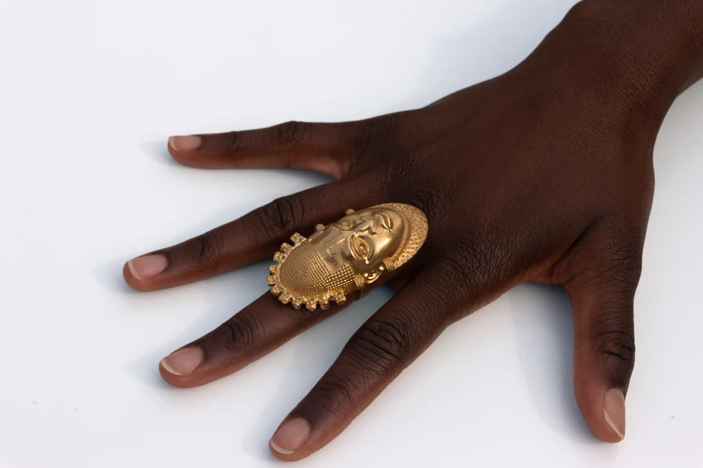 Aṣọ Iyoba Idia Oversize Bronze Mask Ring (adjustable)